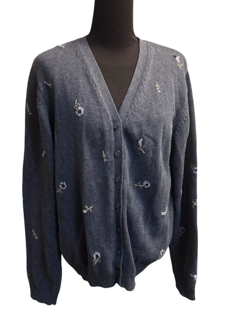 VINTAGE EDDIE BAUER Gray Floral Embroidered Button Up Cardigan Women’s SZ Med